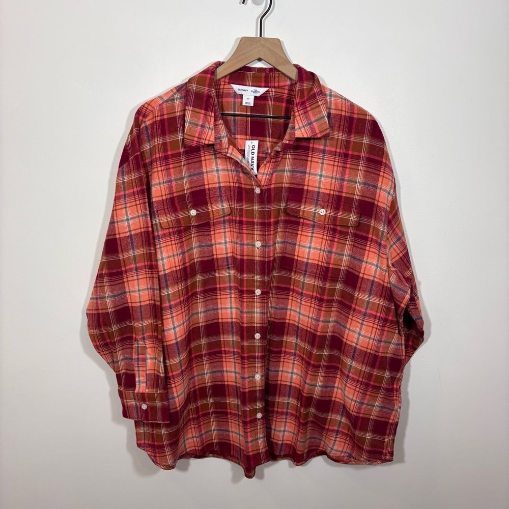 Old Navy Orange Red Long-Sleeve Tunic Boyfriend Plaid Flannel Shirt NWT 2X - Picture 6 of 16